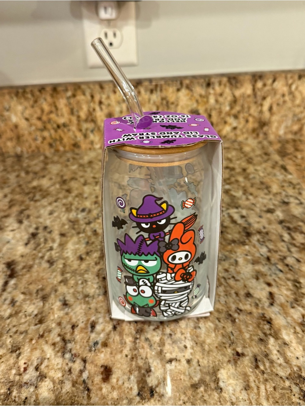 New Hello Kitty Sanrio Friends Halloween Spooky Glass Cup with Straw 16 oz